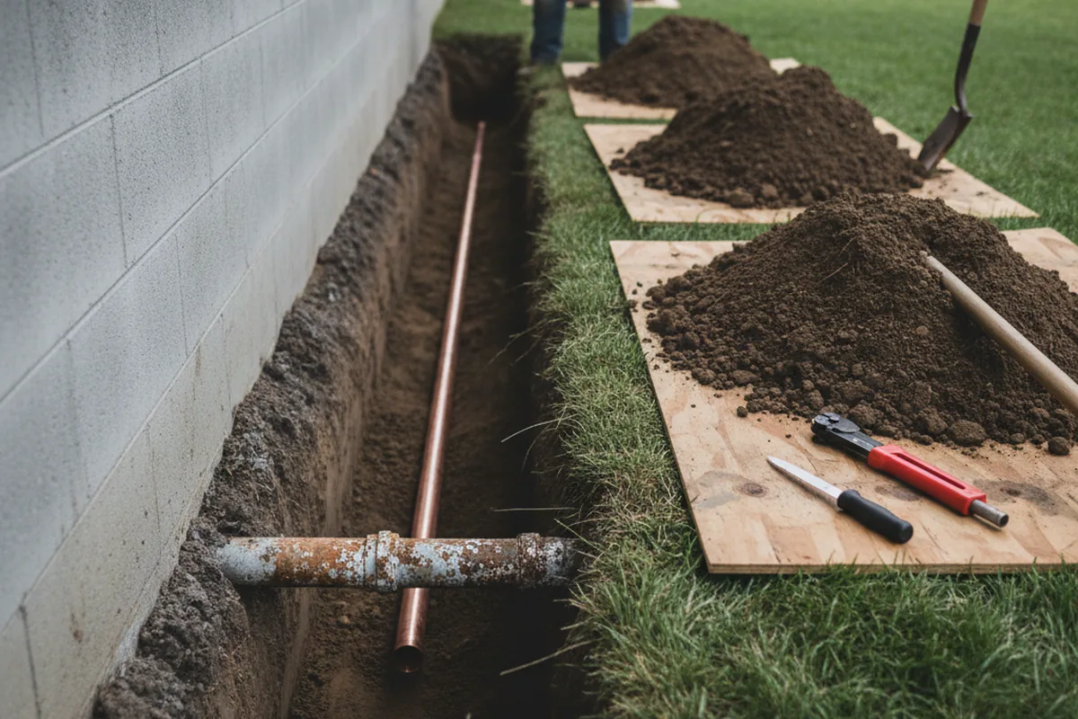 Excavated water line trench during Sewer Line Repair in Terril